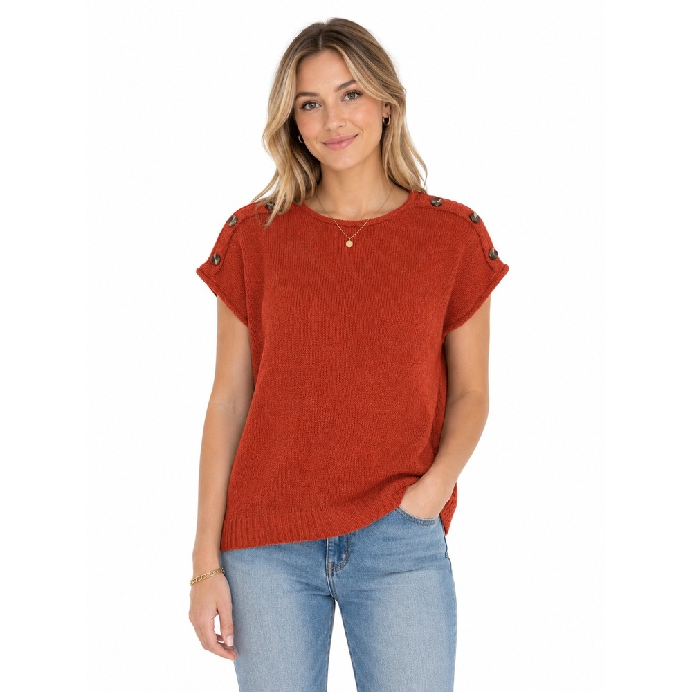 Cable & Gauge Womens 1X Rust Orange Short Sleeve Button Shoulder Sweater Top NWT